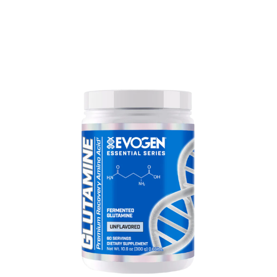 A container of Evogen Nutrition's Glutamine powder, unflavored, with dietary supplement information on the label.