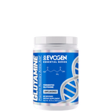 A container of Evogen Nutrition's Glutamine powder, unflavored, with dietary supplement information on the label.