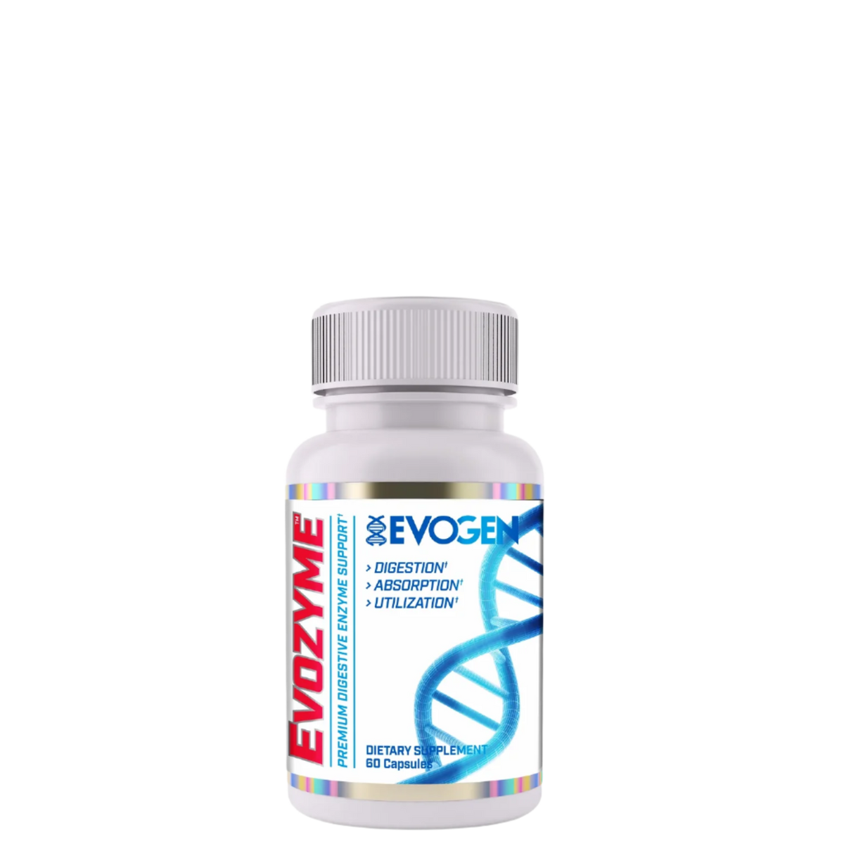 A bottle of Evogen Evozyme Enzyme Complex with a label featuring a blue and white design and a DNA double helix.