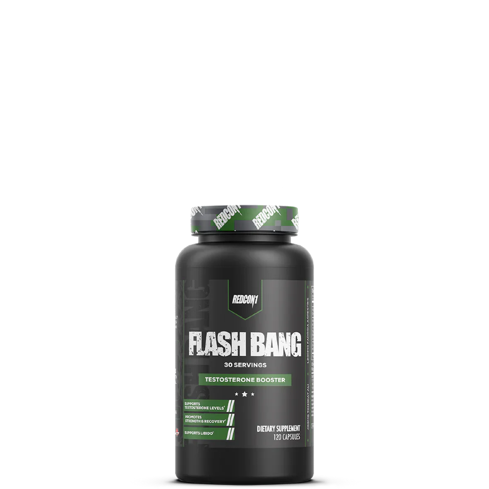 A bottle of supplement tablets labeled 'FLASH BANG' by Redcon1. The packaging is predominantly green and black with white text.