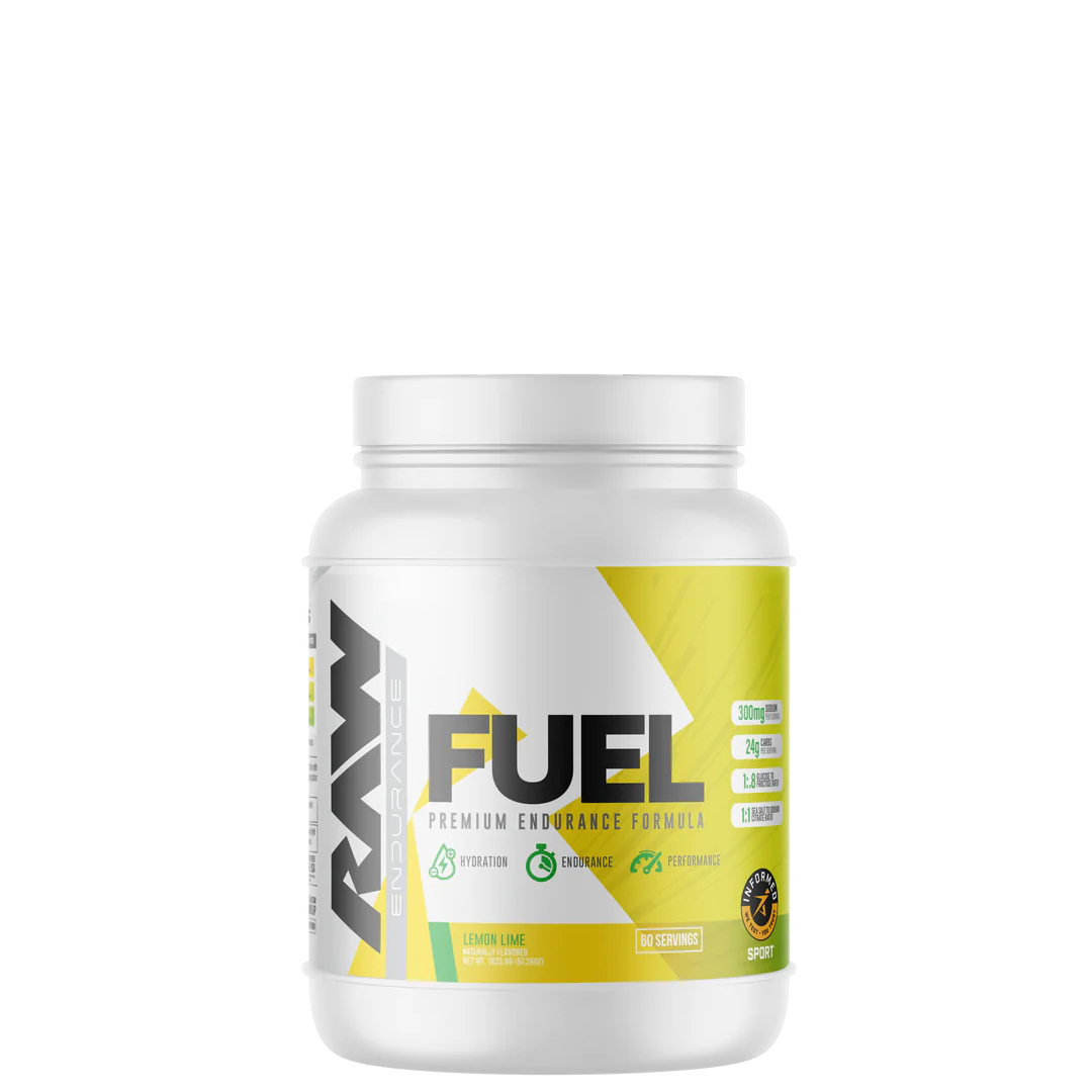 A container of Raw Fuel sports nutrition powder with a label showing the brand name and the product name.