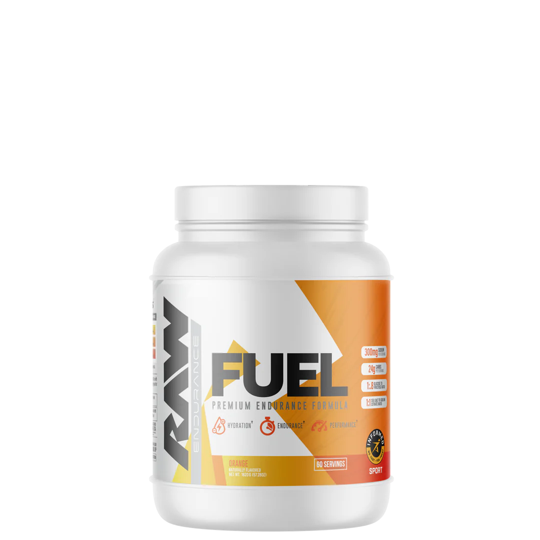 A container of Raw Fuel sports nutrition powder with a label showing the brand name and the product name.