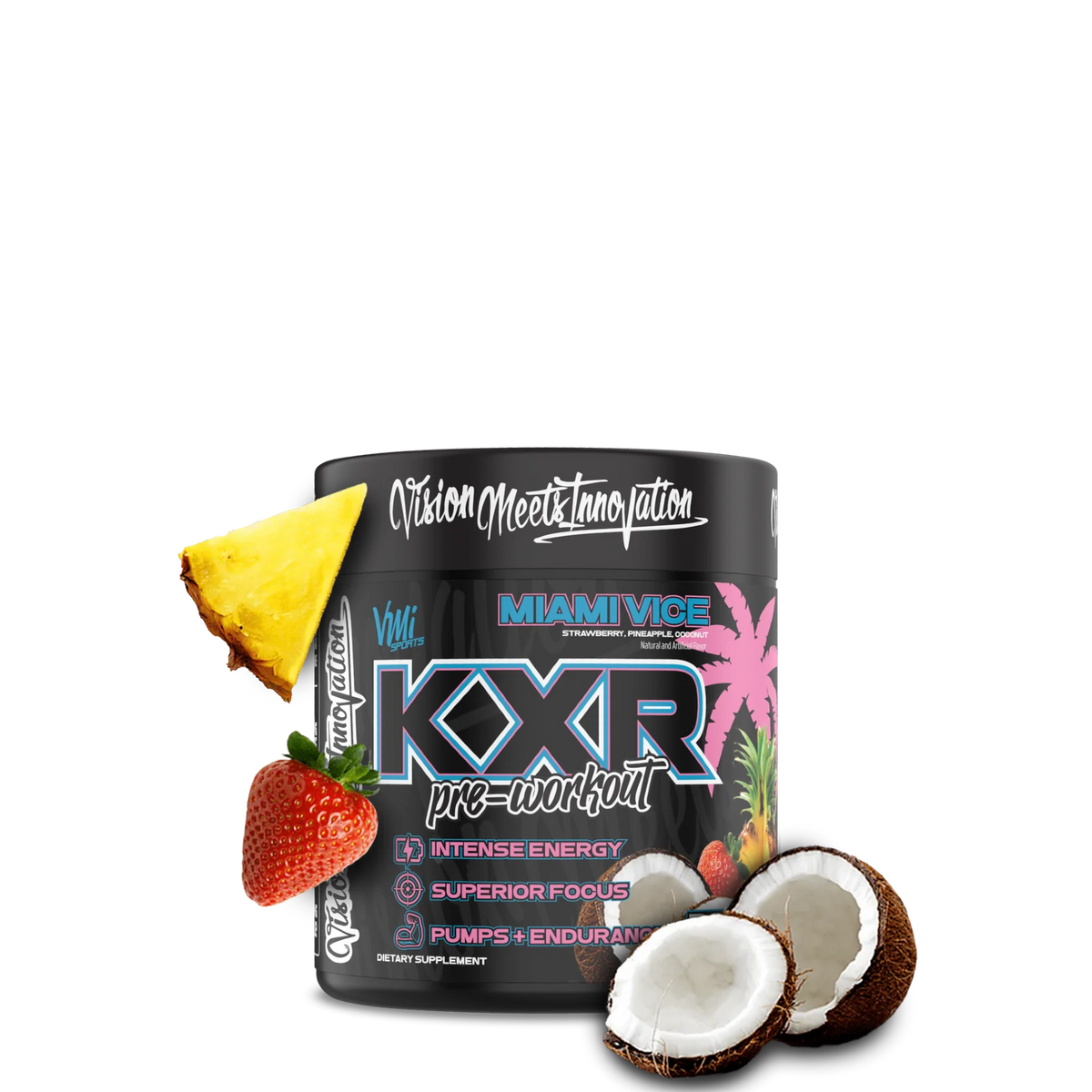 A container of VMI Sports KXR Pre Workout supplement, featuring a tropical design with fruits and a cityscape. The product is black with colorful accents and includes an image of a pineapple, strawberry, and coconut.