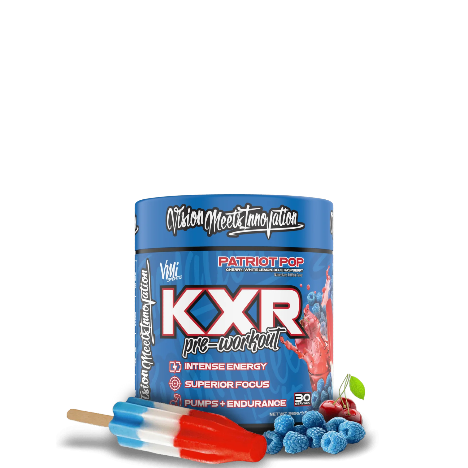A container of VMI Sports KXR Pre Workout supplement, featuring a tropical design with fruits and a cityscape. The product is black with colorful accents and includes an image of a pineapple, strawberry, and coconut.