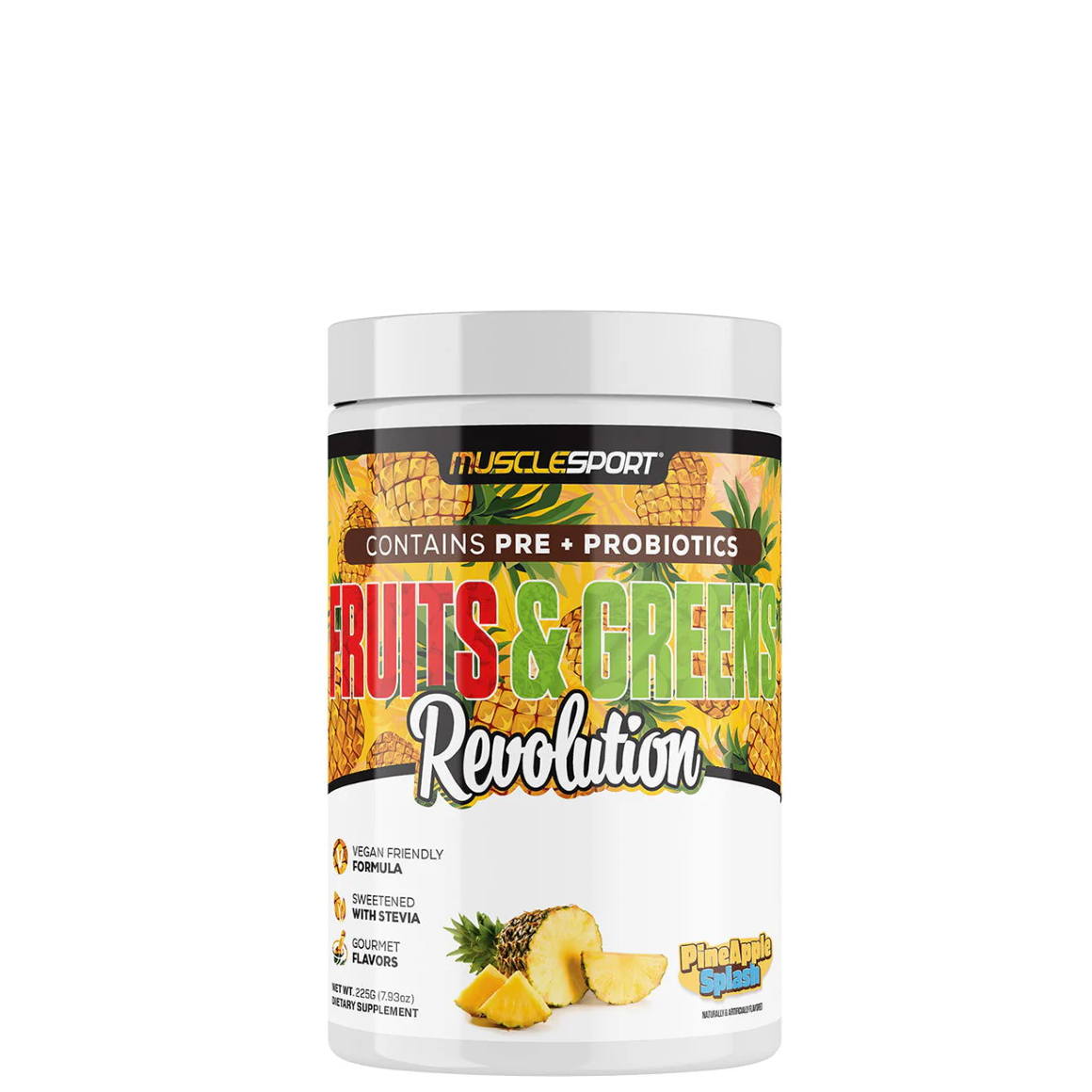 A container of MuscleSport Fruits & Greens Revolution supplement, featuring various fruits and colors, indicating a mix of different ingredients.