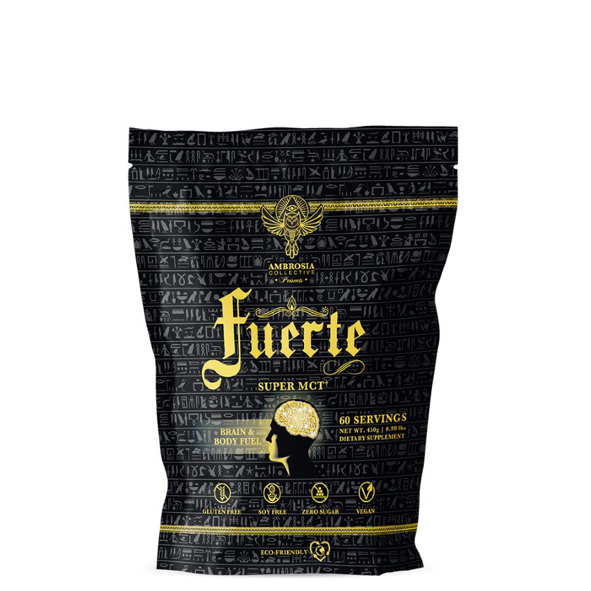 A packaged product labeled 'Fuerte Super MCT' which appears to be a powdered supplement in a black and gold packaging with additional text and logos.