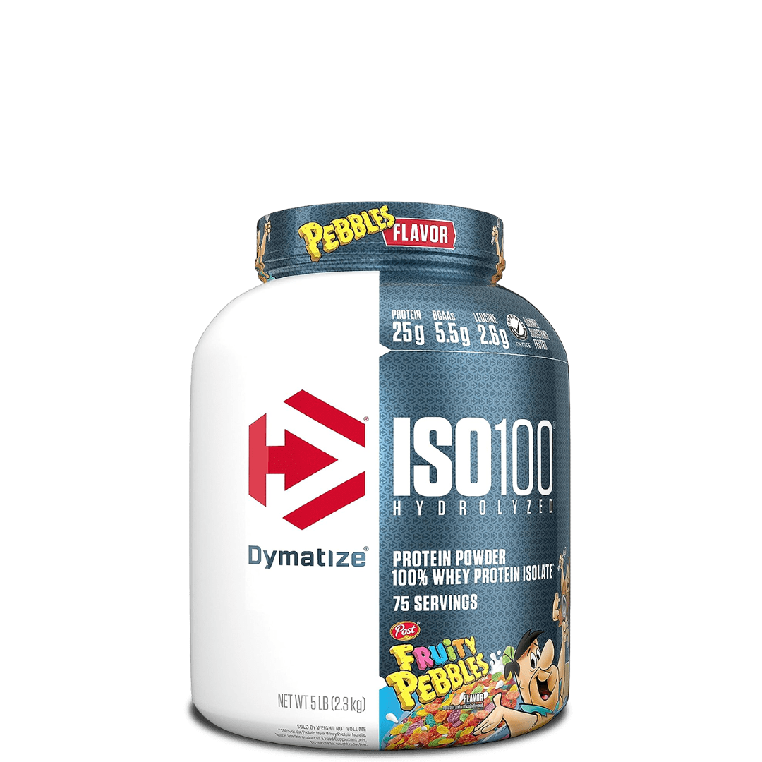 A container of Dymatize ISO100 Hydrolyzed 100% Whey Protein Isolate, featuring cartoon characters and product information on the label.