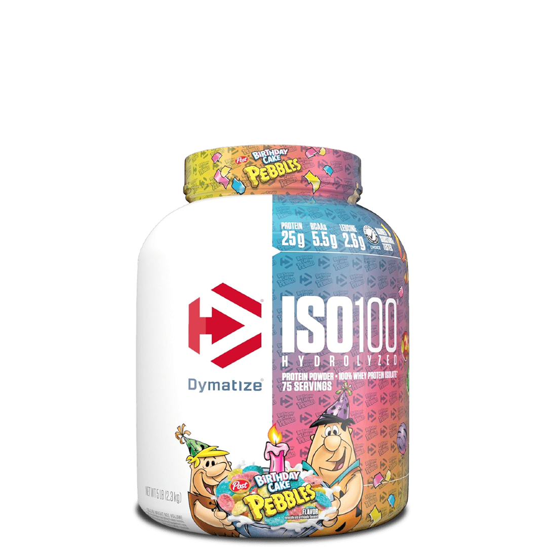 A container of Dymatize ISO100 Hydrolyzed 100% Whey Protein Isolate, featuring cartoon characters and product information on the label.