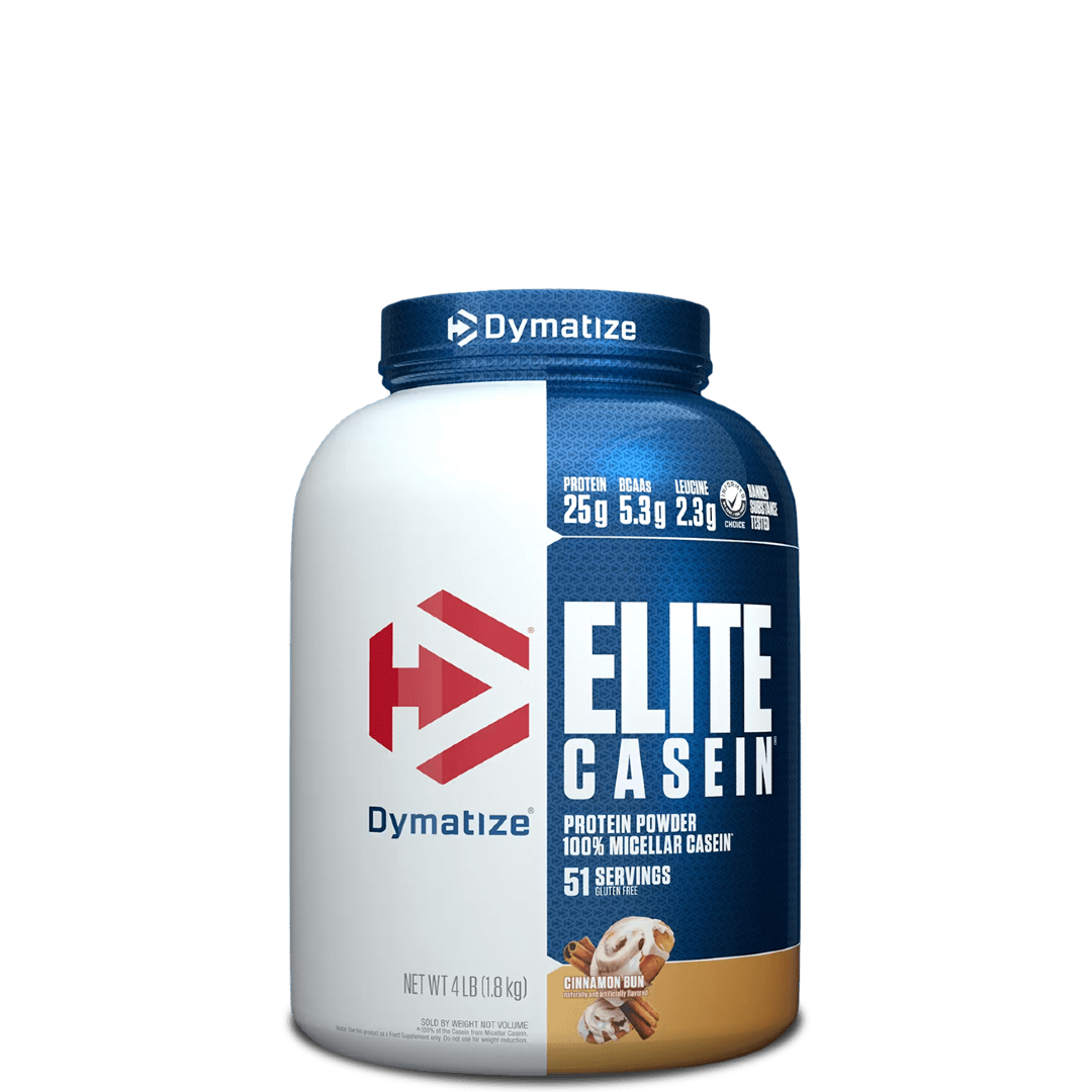 A container of Dymatize Elite Casein protein powder, showing the label with the product name and weight information.