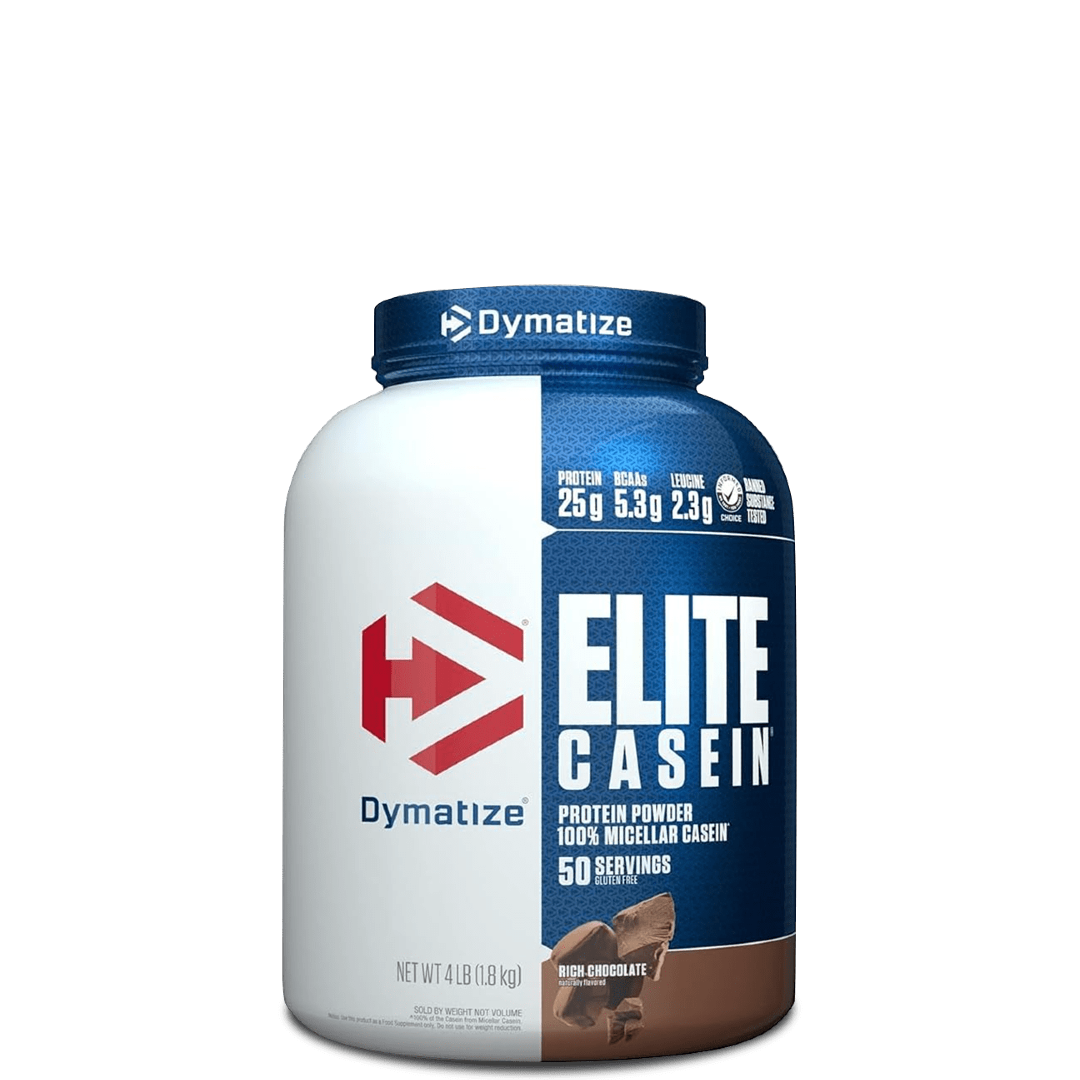 A container of Dymatize Elite Casein protein powder, showing the label with the product name and weight information.