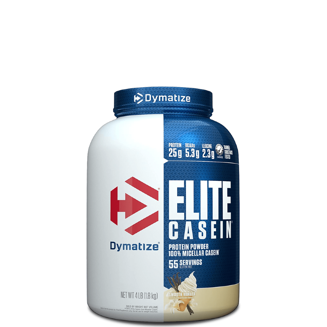 A container of Dymatize Elite Casein protein powder, showing the label with the product name and weight information.