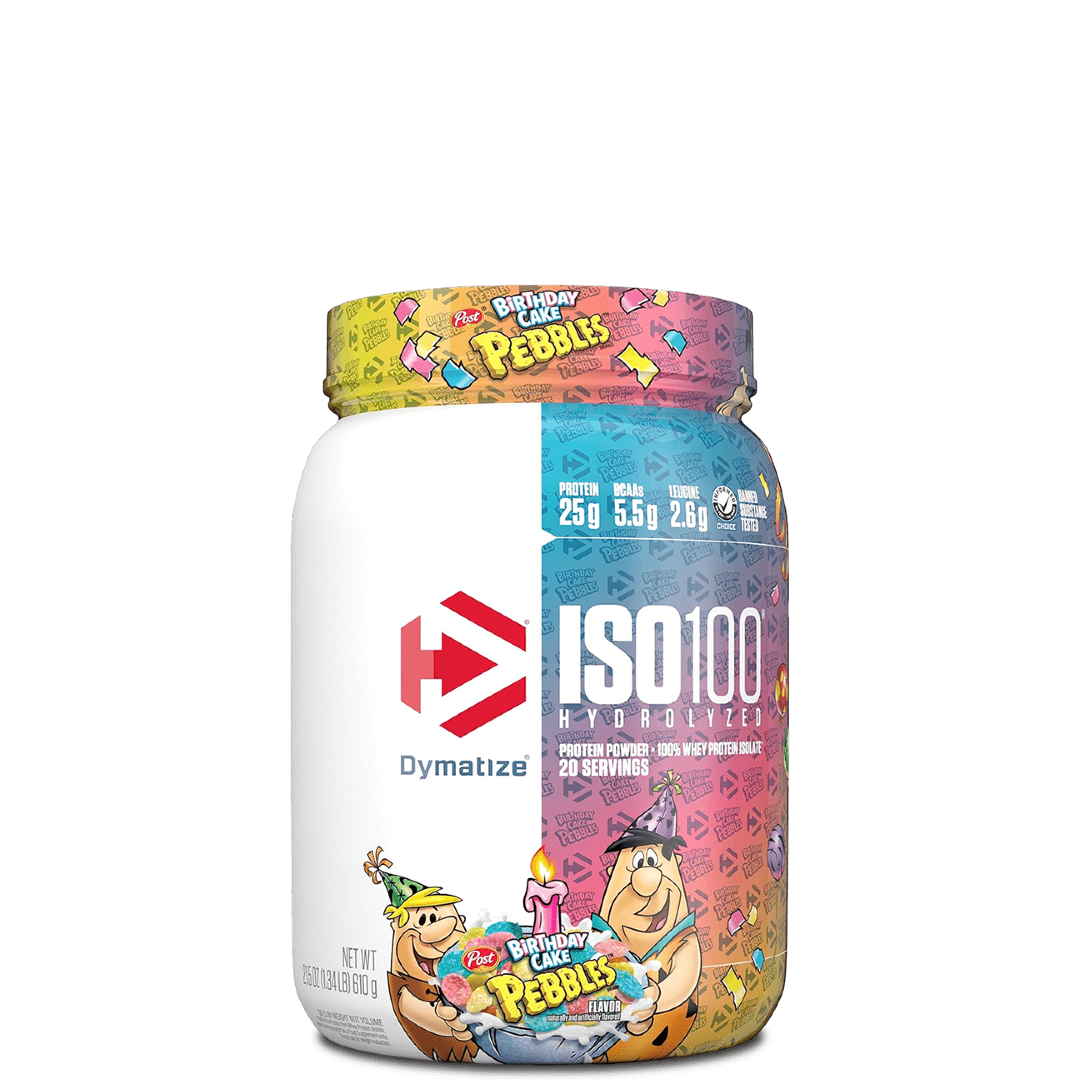 A container of Dymatize ISO100 Hydrolyzed 100% Whey Protein Isolate, featuring cartoon characters and product information on the label.