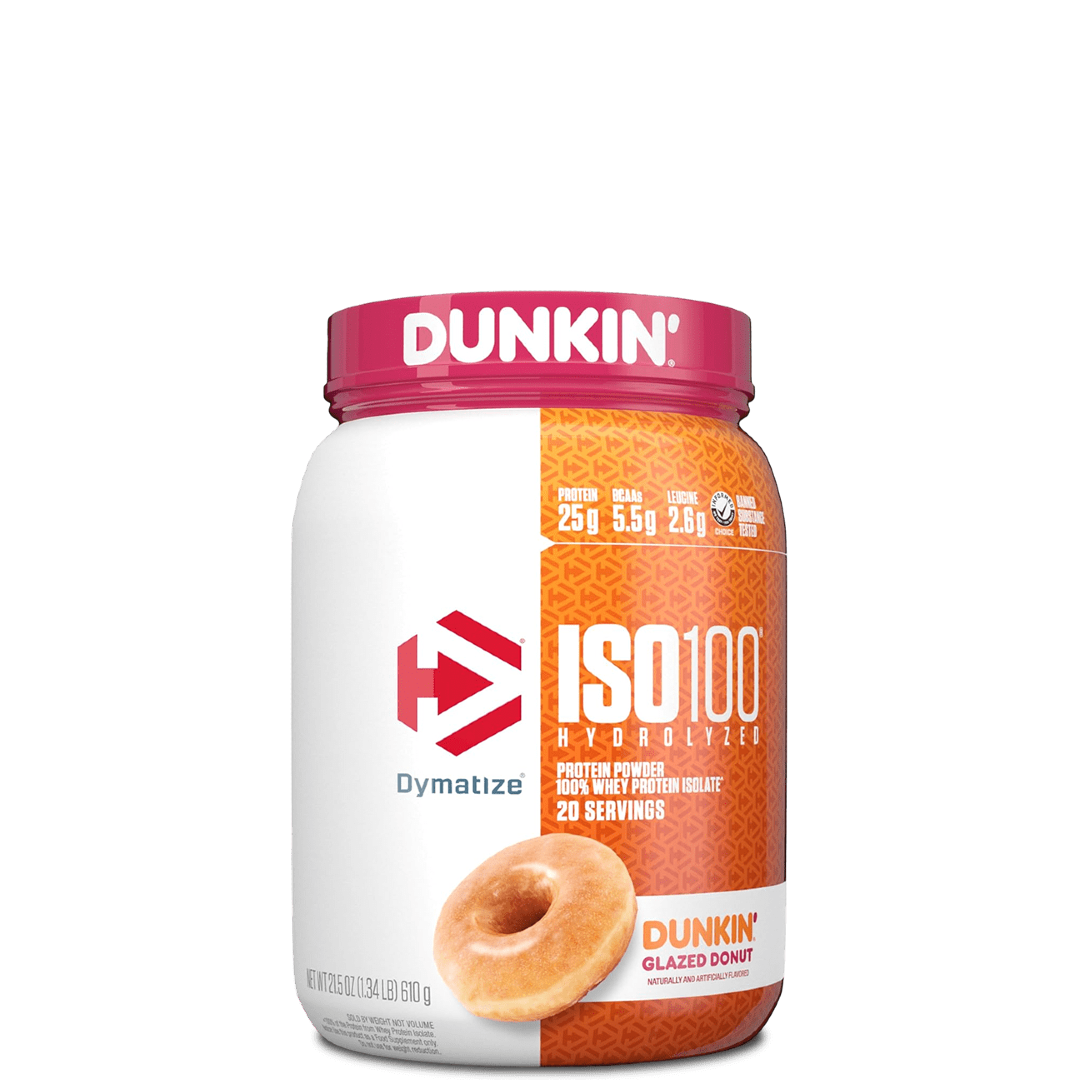 A container of Dymatize ISO100 Hydrolyzed 100% Whey Protein Isolate, featuring cartoon characters and product information on the label.