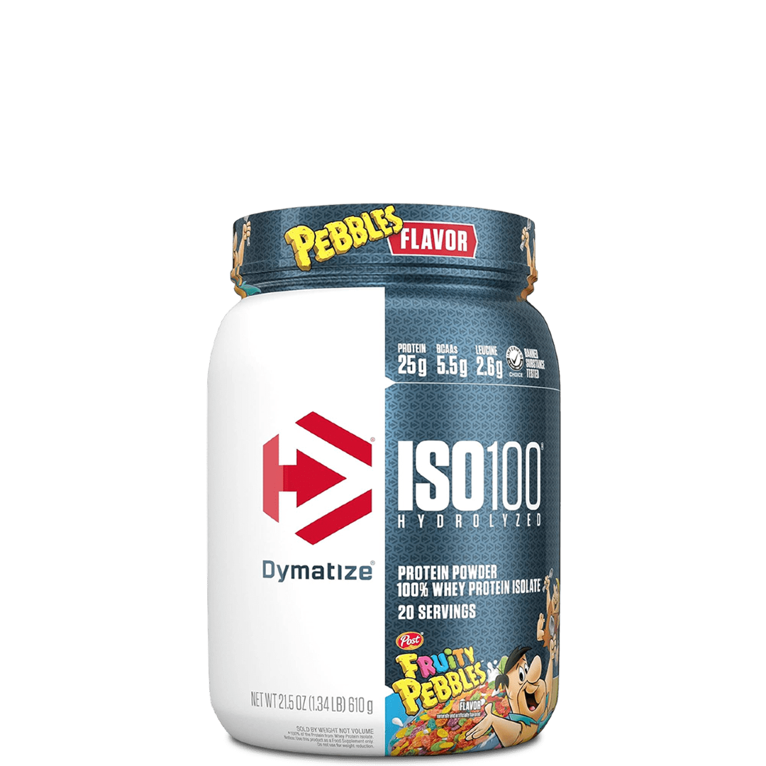 A container of Dymatize ISO100 Hydrolyzed 100% Whey Protein Isolate, featuring cartoon characters and product information on the label.