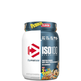 A container of Dymatize ISO100 Hydrolyzed 100% Whey Protein Isolate, featuring cartoon characters and product information on the label.