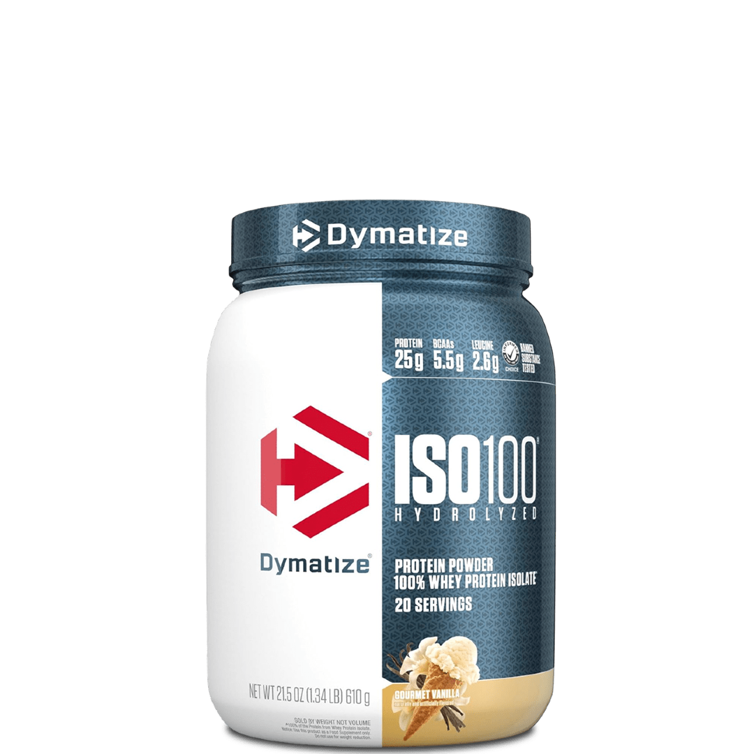 A container of Dymatize ISO100 Hydrolyzed 100% Whey Protein Isolate, featuring cartoon characters and product information on the label.