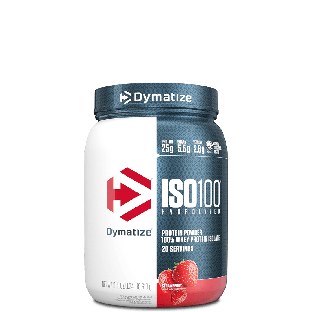 A container of Dymatize ISO100 Hydrolyzed 100% Whey Protein Isolate, featuring cartoon characters and product information on the label.
