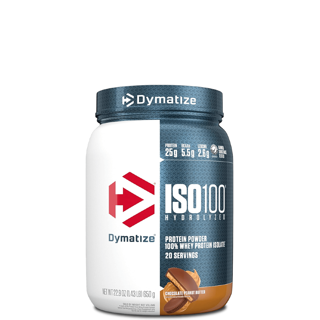 A container of Dymatize ISO100 Hydrolyzed 100% Whey Protein Isolate, featuring cartoon characters and product information on the label.