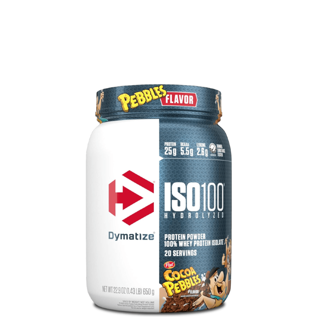 A container of Dymatize ISO100 Hydrolyzed 100% Whey Protein Isolate, featuring cartoon characters and product information on the label.
