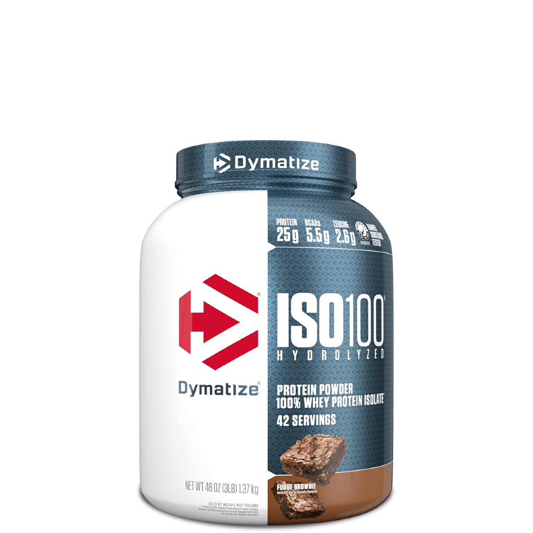 A container of Dymatize ISO100 Hydrolyzed 100% Whey Protein Isolate, featuring cartoon characters and product information on the label.