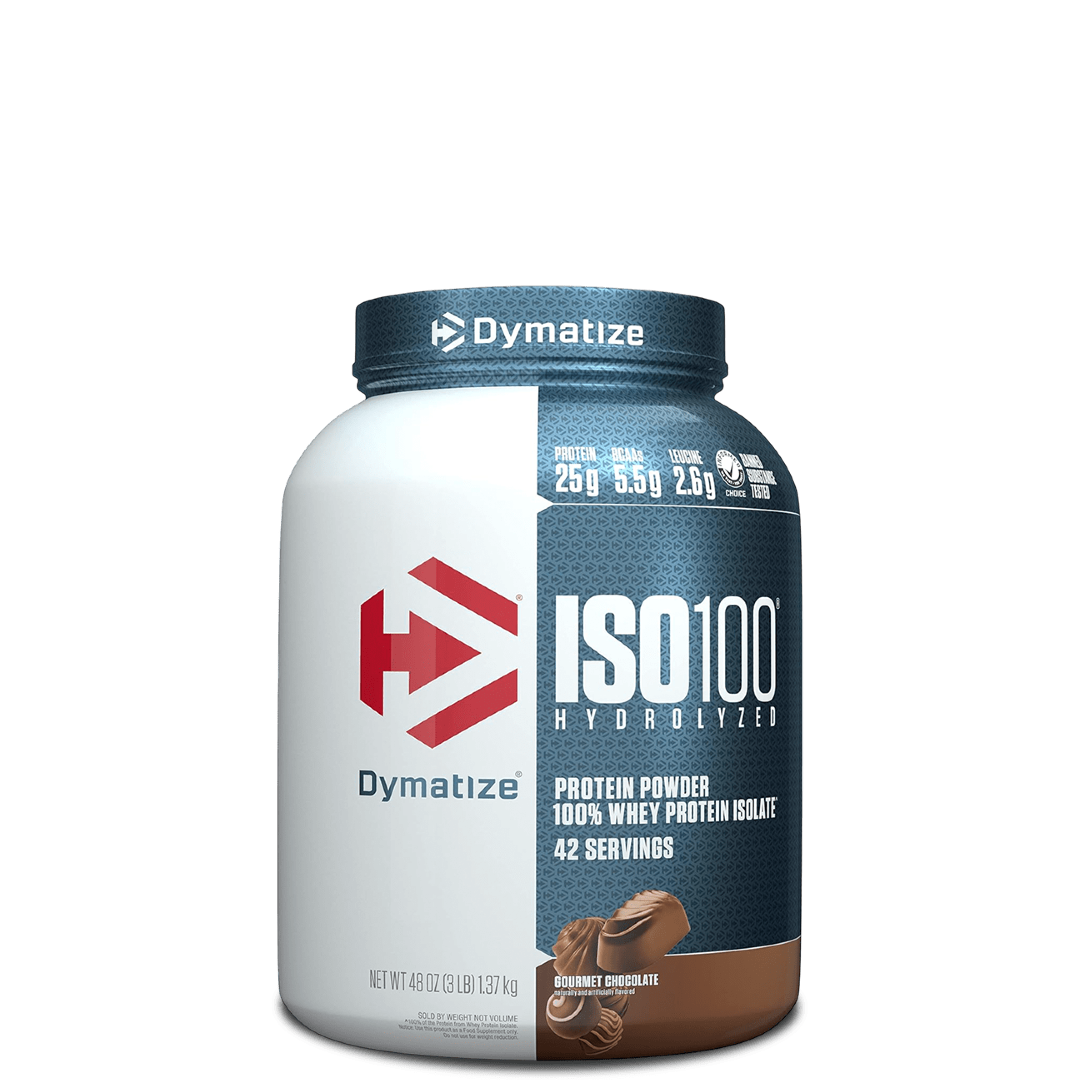 A container of Dymatize ISO100 Hydrolyzed 100% Whey Protein Isolate, featuring cartoon characters and product information on the label.
