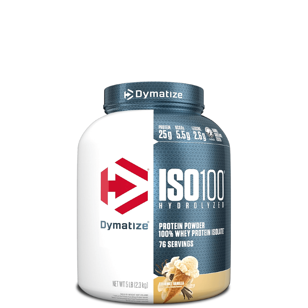 A container of Dymatize ISO100 Hydrolyzed 100% Whey Protein Isolate, featuring cartoon characters and product information on the label.