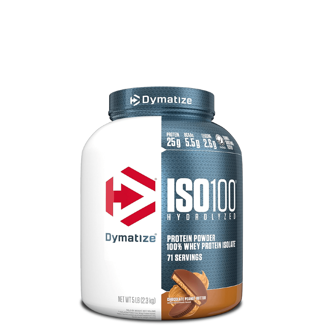 A container of Dymatize ISO100 Hydrolyzed 100% Whey Protein Isolate, featuring cartoon characters and product information on the label.