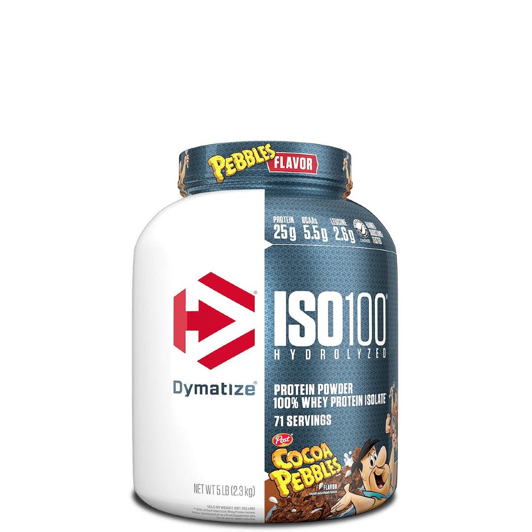 A container of Dymatize ISO100 Hydrolyzed 100% Whey Protein Isolate, featuring cartoon characters and product information on the label.