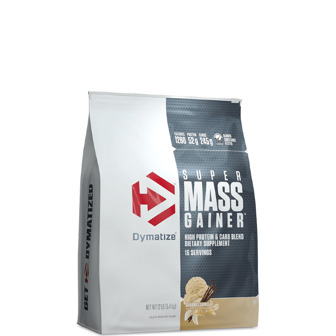 A package of Dymatize Super Mass Gainer in chocolate flavor, with a weight of 12 lbs.