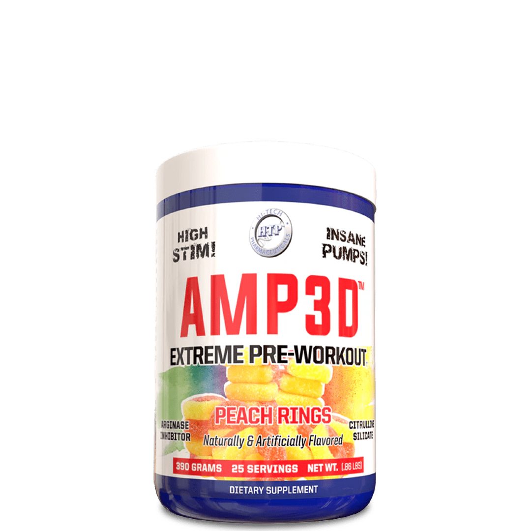 A container of Hi-Tech AMP3D Extreme Pre-Workout in peach rings flavor. The label is colorful with red, blue, and yellow accents and displays the product name prominently.