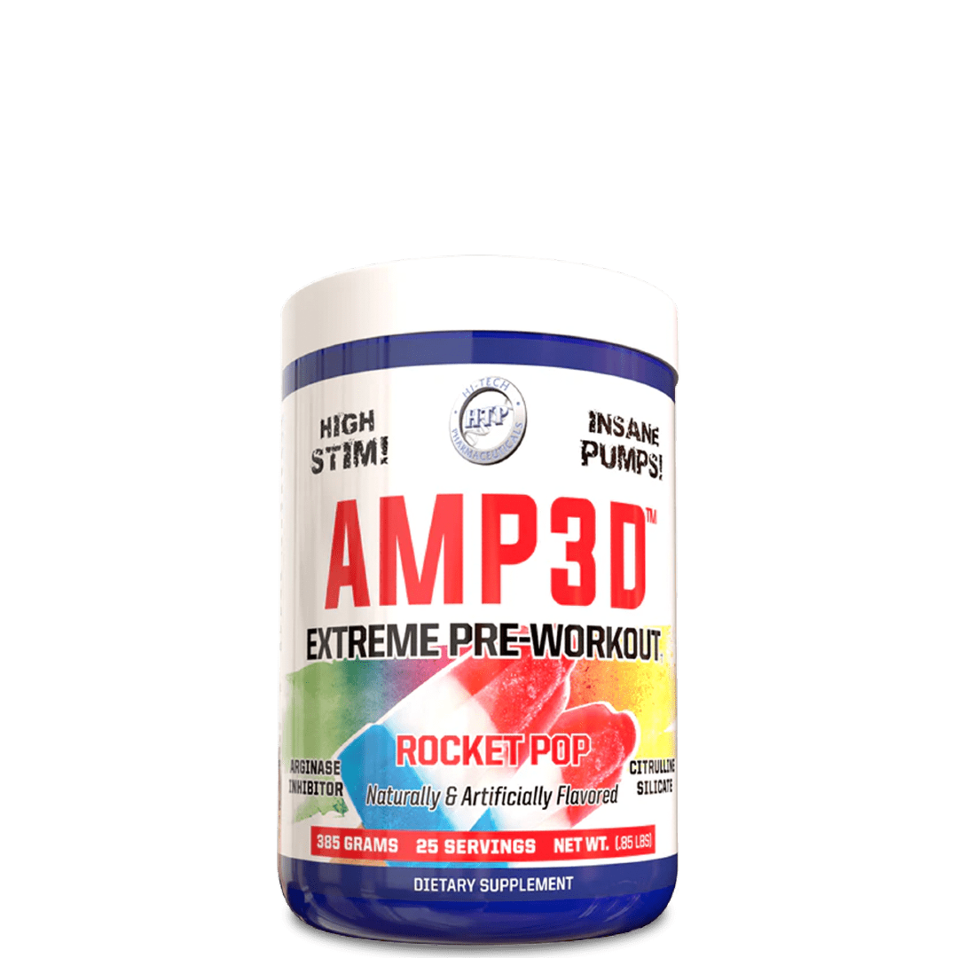 A container of Hi-Tech AMP3D Extreme Pre-Workout in rocket pop flavor. The label is colorful with red, blue, and yellow accents and displays the product name prominently.