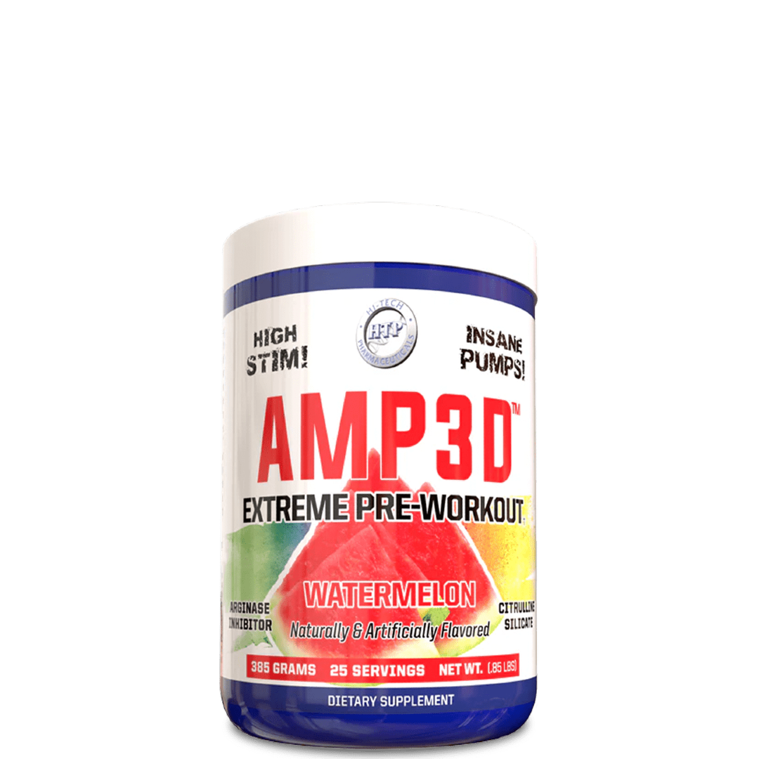 A container of Hi-Tech AMP3D Extreme Pre-Workout in watermelon flavor. The label is colorful with red, blue, and yellow accents and displays the product name prominently.