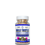 A bottle of Hi-Tech Pharmaceuticals Milk Thistle supplement with a blue and white label, indicating it is standardized to 80% Silymarin.