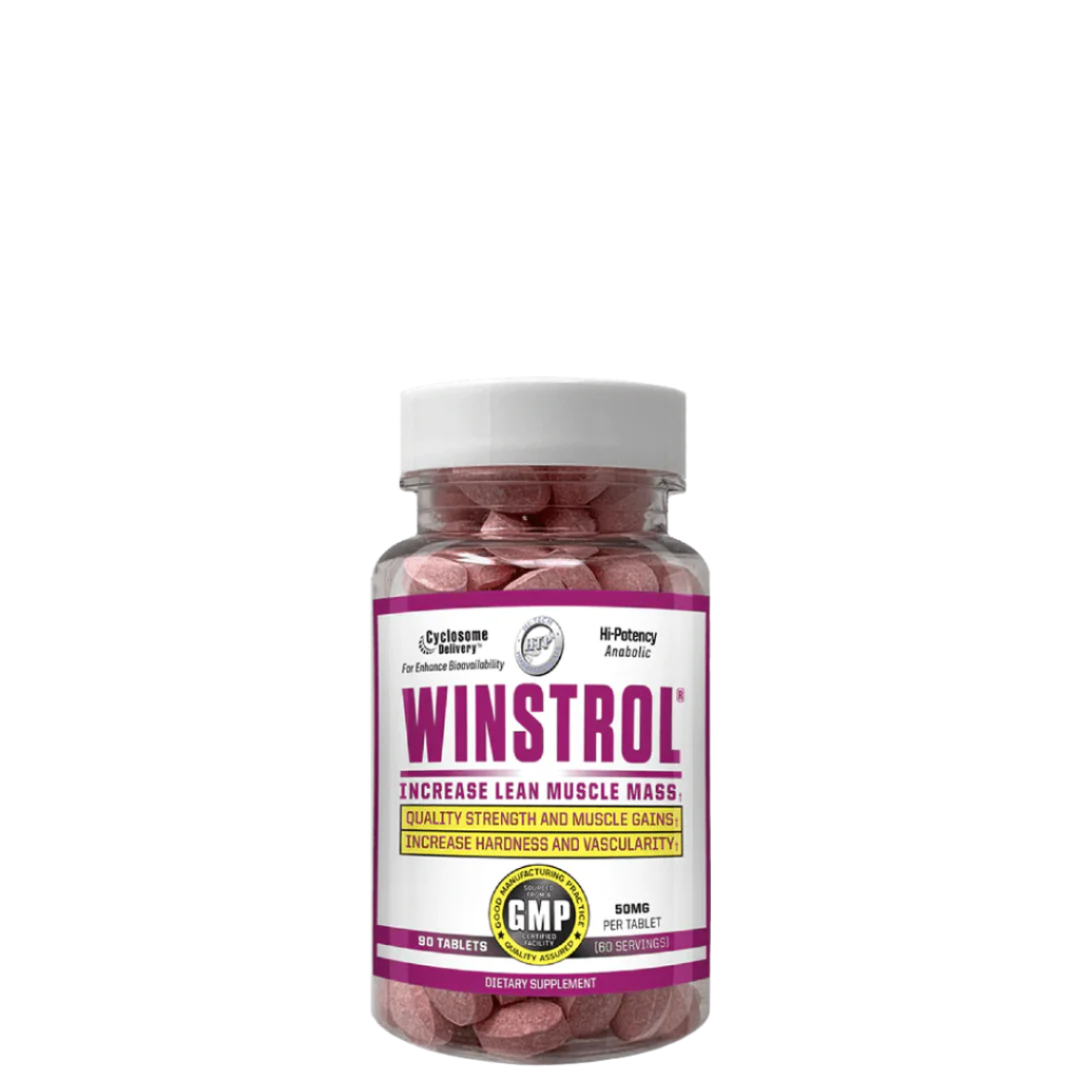 A bottle of Hi-Tech Pharmaceuticals Winstrol, containing 90 pink tablets, with the label indicating the product is for increasing lean muscle mass and strength.