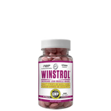 A bottle of Hi-Tech Pharmaceuticals Winstrol, containing 90 pink tablets, with the label indicating the product is for increasing lean muscle mass and strength.