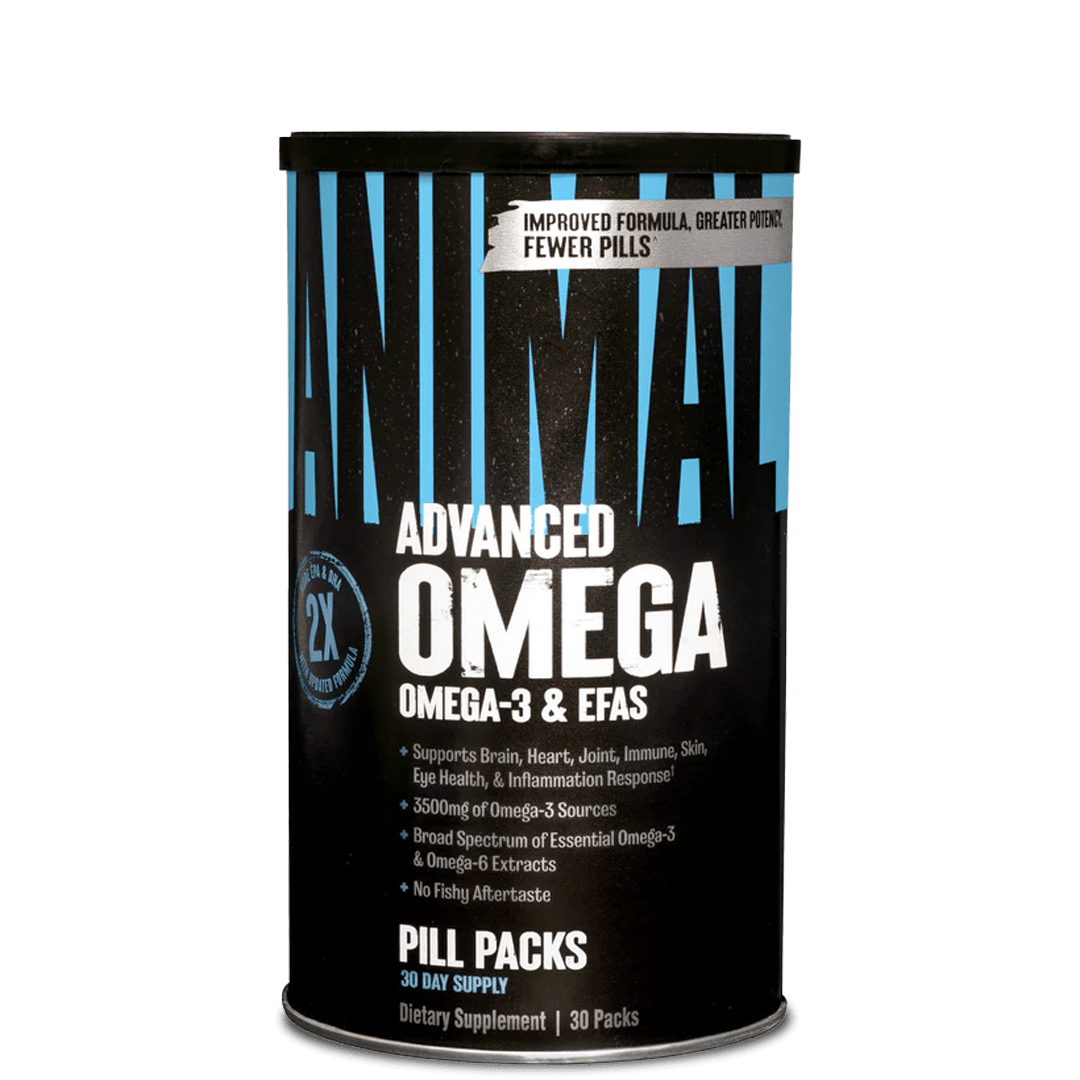 A container of Animal Omega-3 & EFAs essential fatty acid supplement with blue and white label.