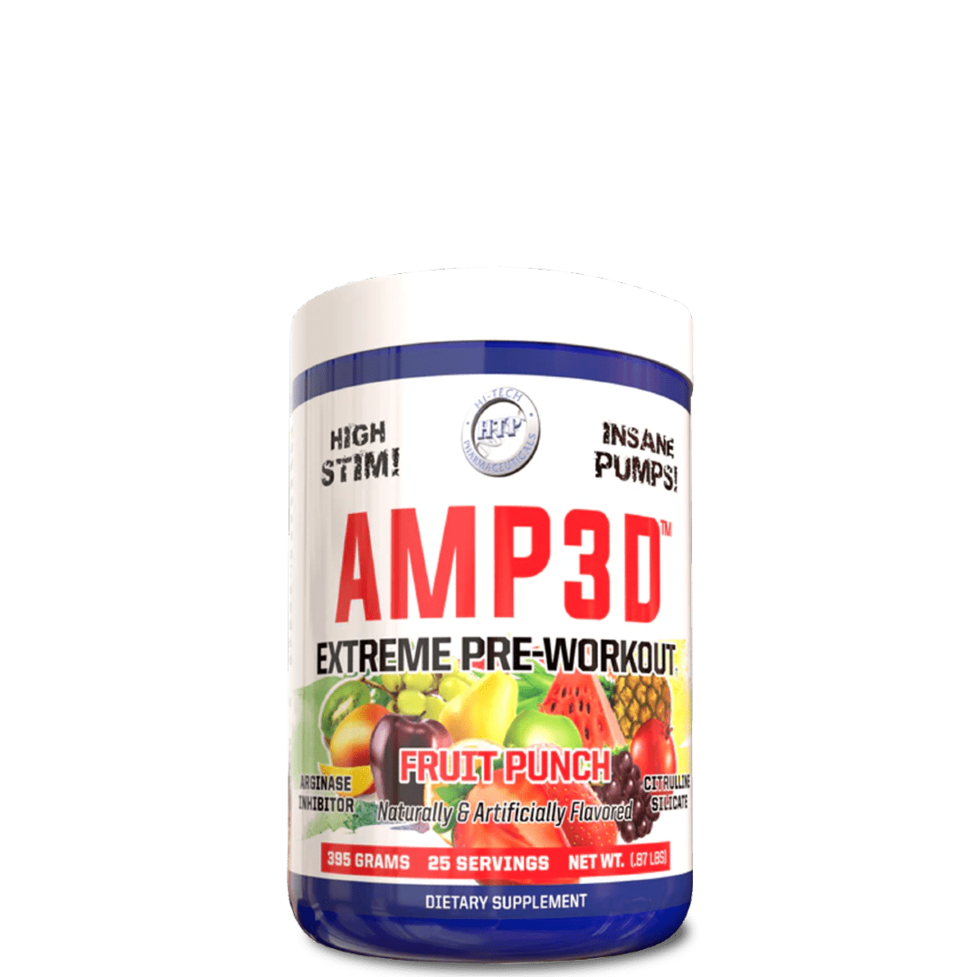A container of Hi-Tech AMP3D Extreme Pre-Workout in fruit punch flavor. The label is colorful with red, blue, and yellow accents and displays the product name prominently.
