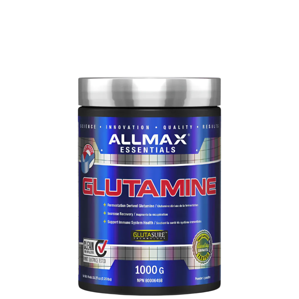 A container of ALLMAX Glutamine Powder, which is a white fine powder, packaged in a blue and silver container.