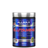 A container of ALLMAX Glutamine Powder, which is a white fine powder, packaged in a blue and silver container.