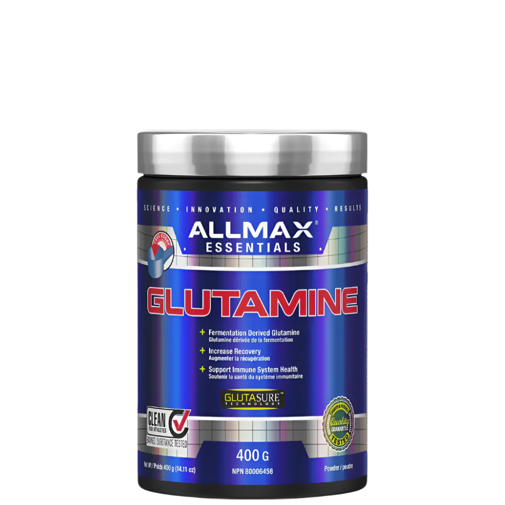 A container of ALLMAX Glutamine Powder, which is a white fine powder, packaged in a blue and silver container.