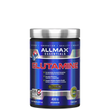 A container of ALLMAX Glutamine Powder, which is a white fine powder, packaged in a blue and silver container.