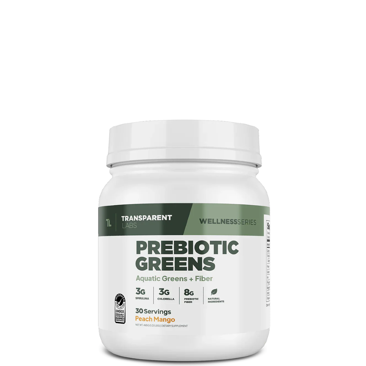 A white container labeled 'Transparent Wellness Series Prebiotic Greens' with additional text stating 'Superfood Greens + Fiber' and indicating 30 servings.