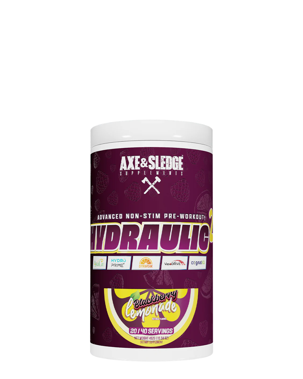 A container of Axe & Sledgegear HYDRAULIC V2 pre-workout supplement with a blue label featuring an animated bear character and various branded graphics.