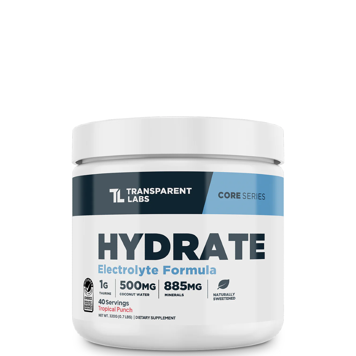 A container of Transparent Labs Hydrate Electrolyte Formula powder in the flavor Lemon Lime, part of the CORE SERIES.