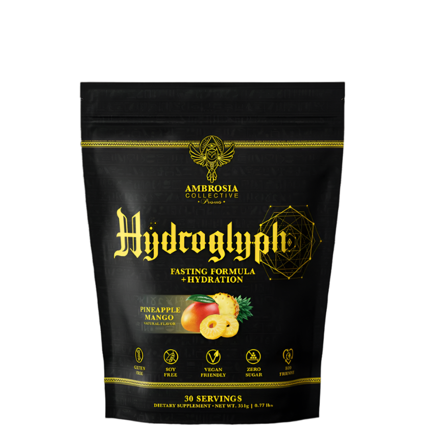 A black package of Hydroglyph fasting formula by Ambrosia Collective, with gold and green text, and an illustration of fruits and leaves.