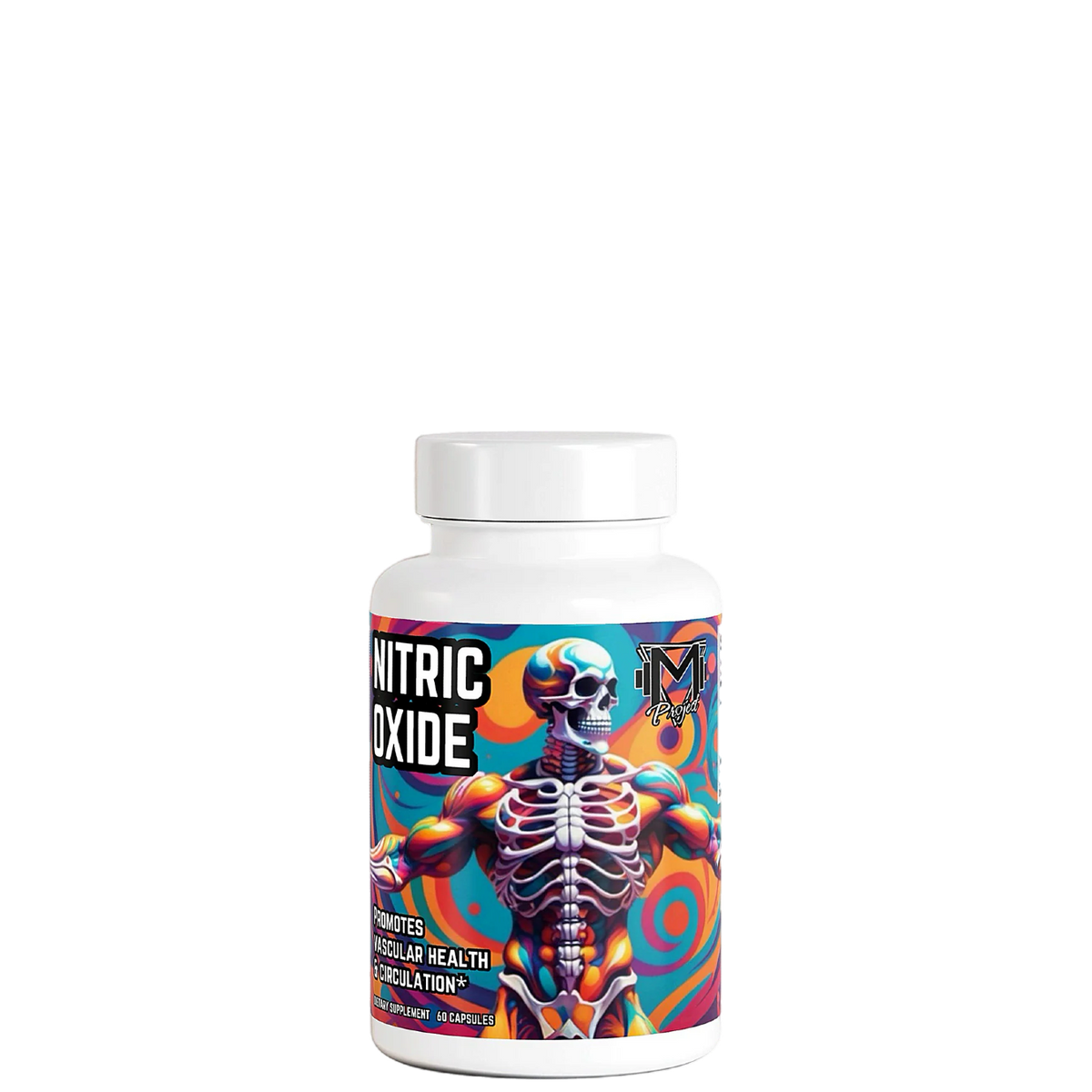 A bottle of Nitric Oxide Pump Capsules by Project M with a colorful design featuring a skeleton and muscles.