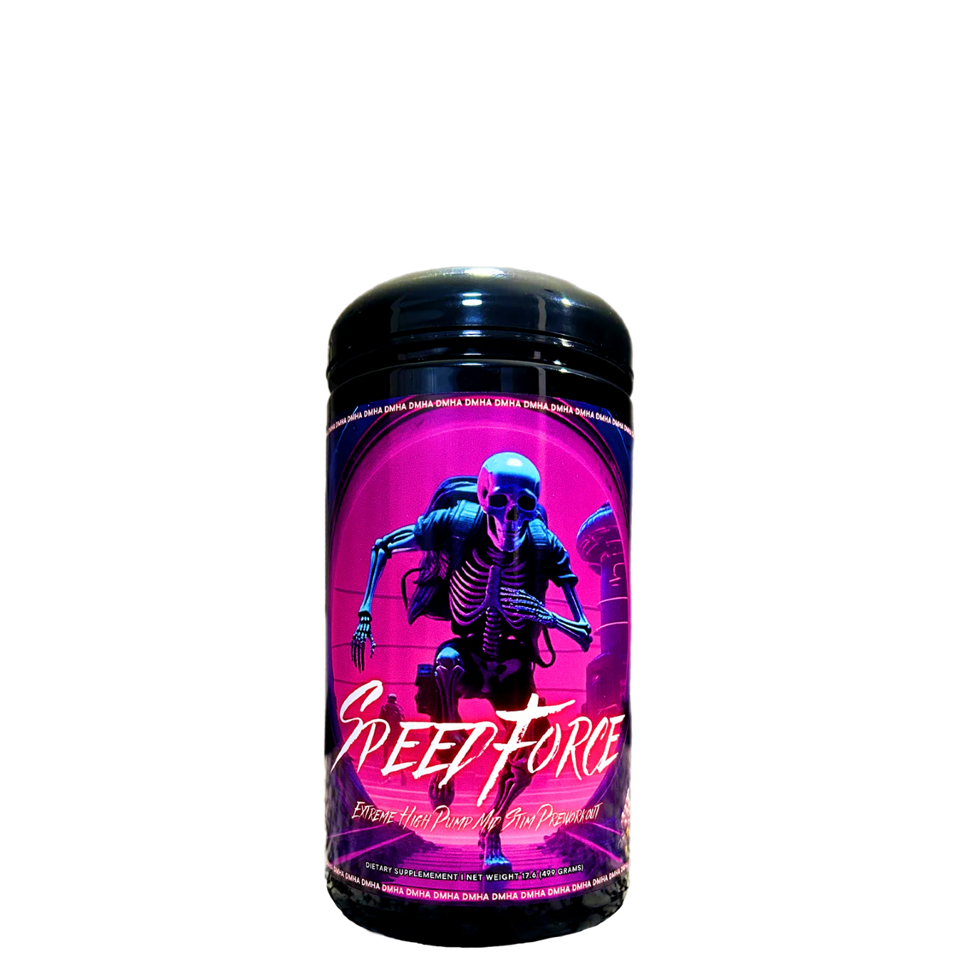 A container of Speed Force Extreme High Pump Mid Stim Pre-Workout by Project M with a colorful design featuring a character and text.