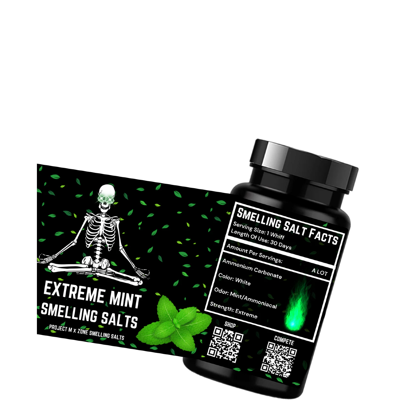 A bottle of Extreme Mint Smelling Salts by Project M, featuring a green label with text and a QR code, and an illustration of a skeleton sitting cross-legged surrounded by mint leaves.