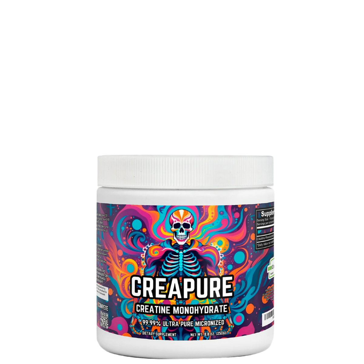 A container of CREAPURE Creatine Monohydrate with colorful and vibrant graphic design featuring a skeleton and various colors