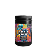 A container of BCAA supplement powder with colorful label featuring artistic illustrations.